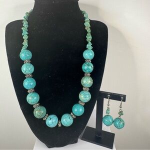 HANDMADE TURQUOISE 20” NECKLACE & EARRING SET Bead/Chip Stones Silver Hardware
